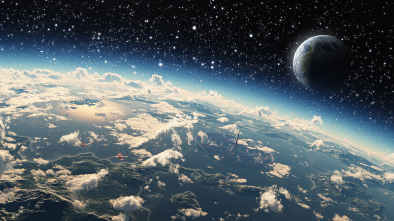 Space Station Above Planet — Blue, Serene