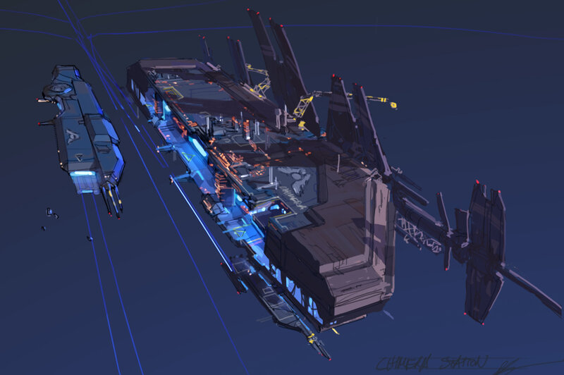 Space Station and Ship — Blue