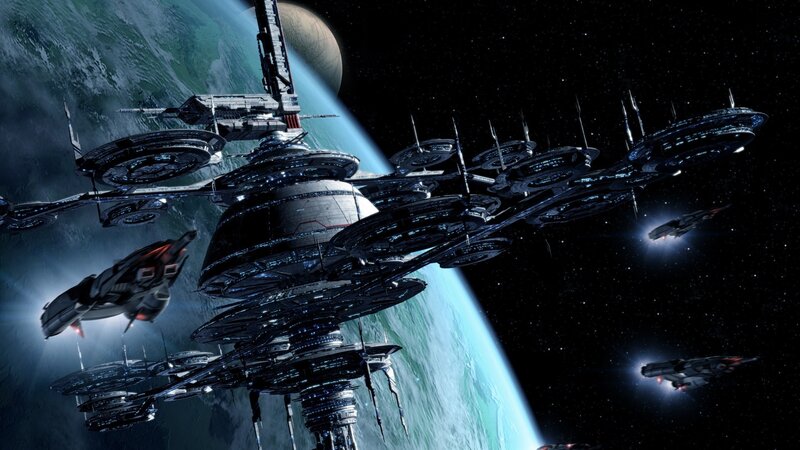 Space Station and Ships — Black, Dramatic, Digital Art