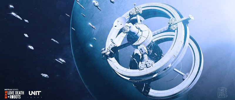 Space Station and Ships — Blue, Dramatic, Digital Art, Planet