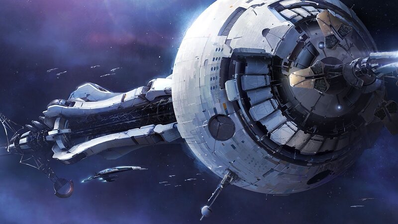 Space Station and Ships — Blue, Dramatic, Night, Digital Art, Stars