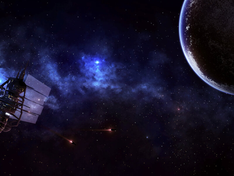 Space Station and Ships — Blue, Dramatic, Night, Digital Art