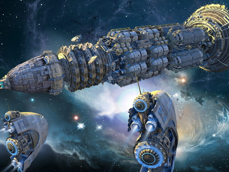 Space Station and Ships — Blue, Dramatic, Night