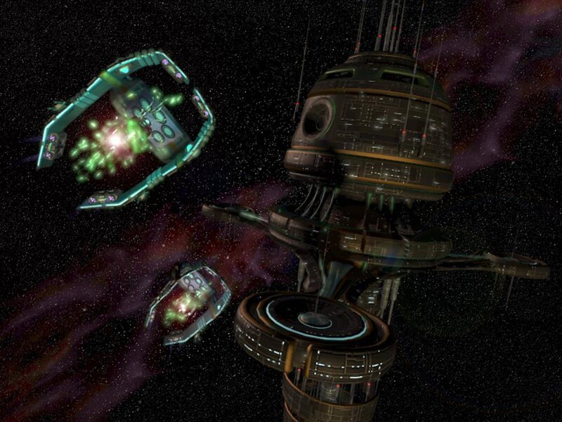 Space station and ships in nebula