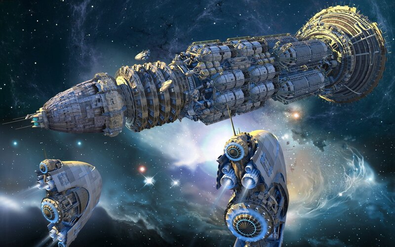 space station and ships in nebula