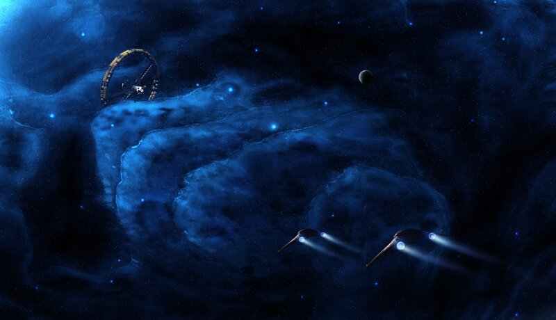 Space station and ships in nebula