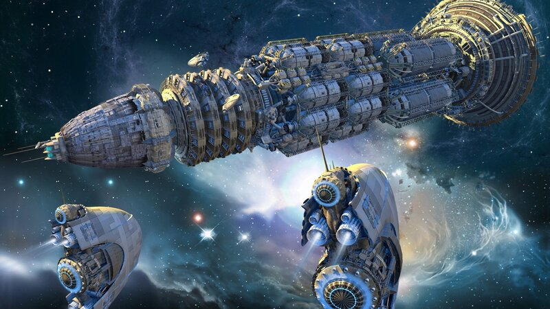 space station and ships in nebula