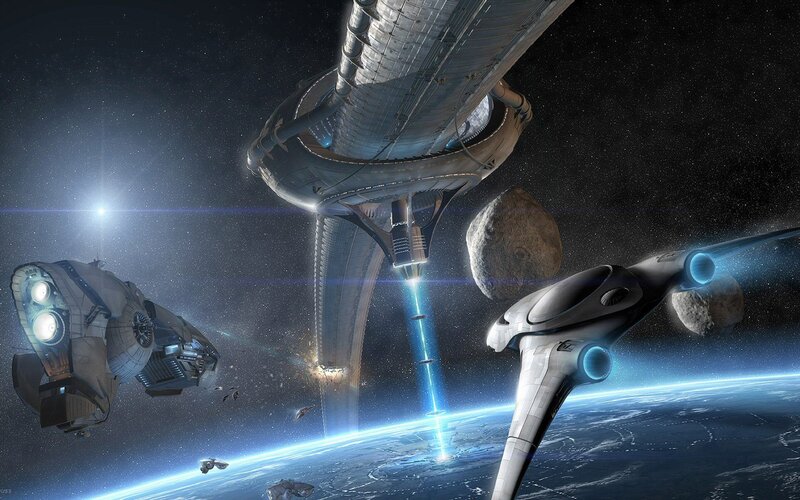 Space station and ships in orbit