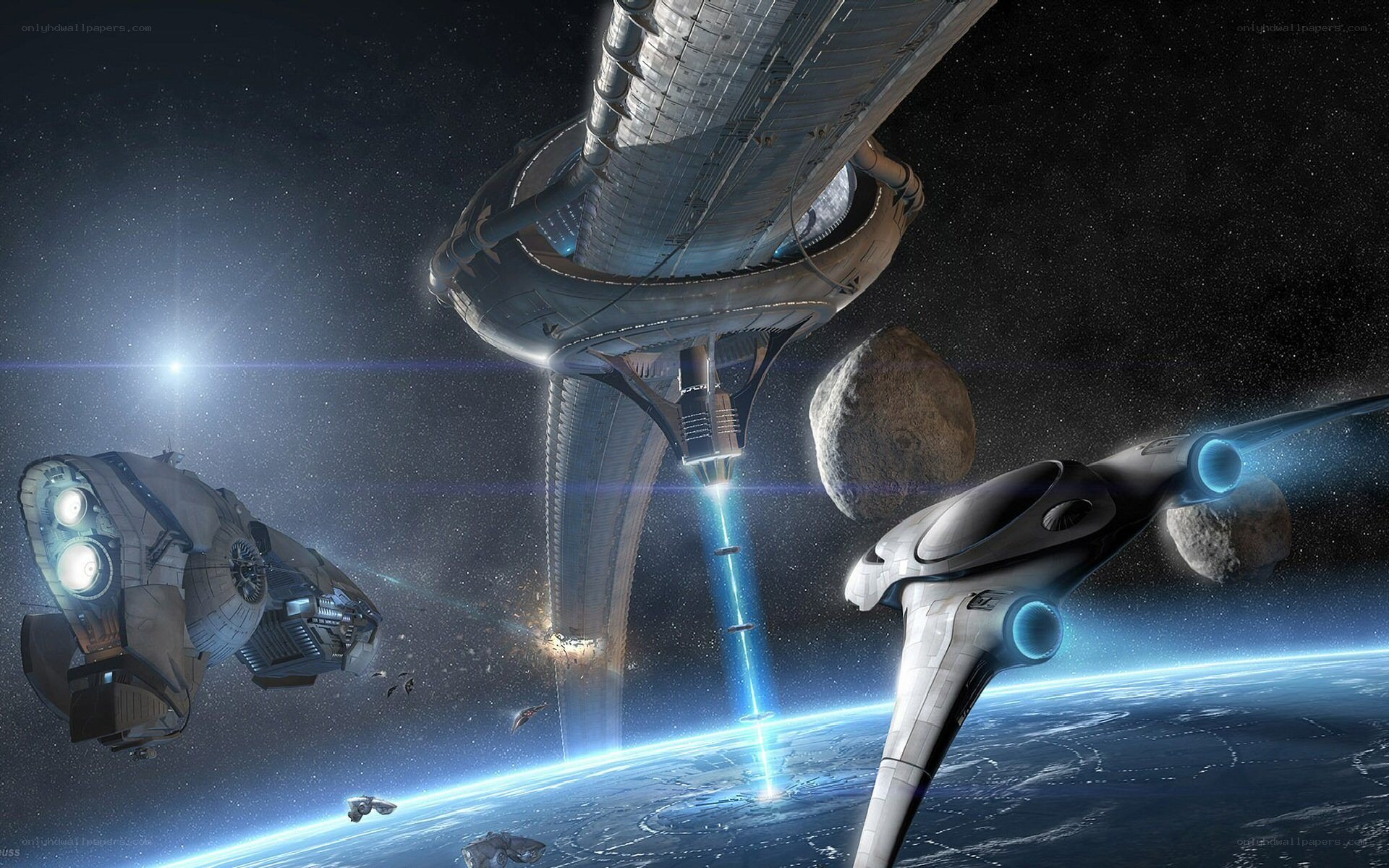 Space station and ships in orbit