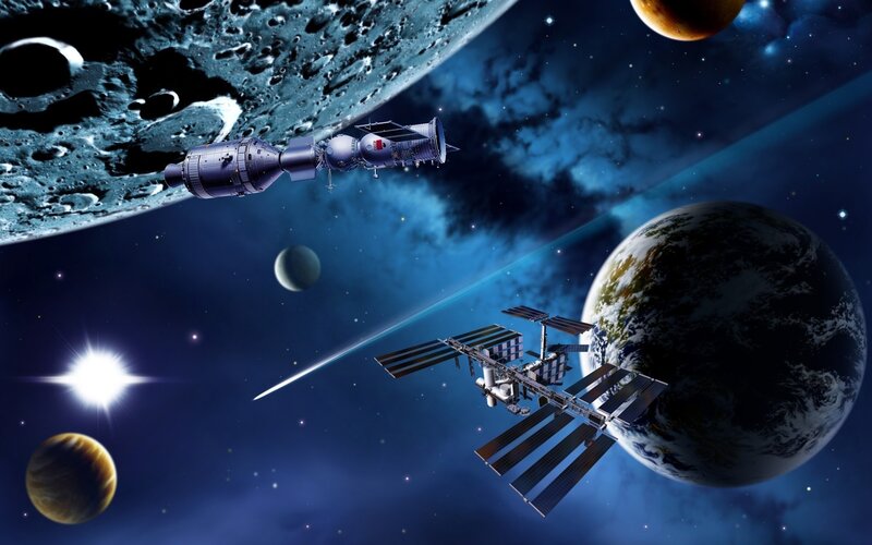 Space Station and Spacecraft — Blue, Dramatic, Digital Art, Earth, Moon