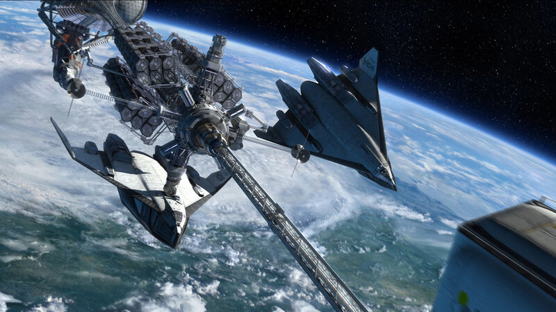 Space Station and Spacecraft — Blue, Dramatic, Digital Art, Earth