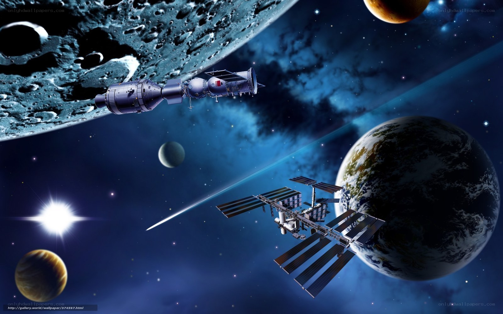 Space station and spacecraft in orbit