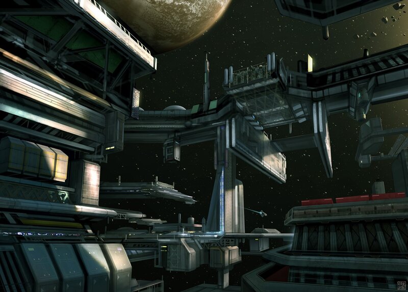 Space Station Complex — Gray, Dramatic, Night, Digital Art, Planet, Starfield