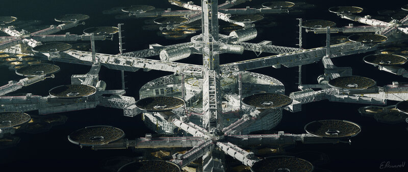 Space Station Complex — Gray, Dramatic, Night, Digital Art, Satellite Dishes