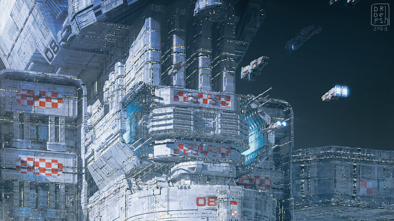Space Station Complex — Gray, Dramatic, Night, Digital Art