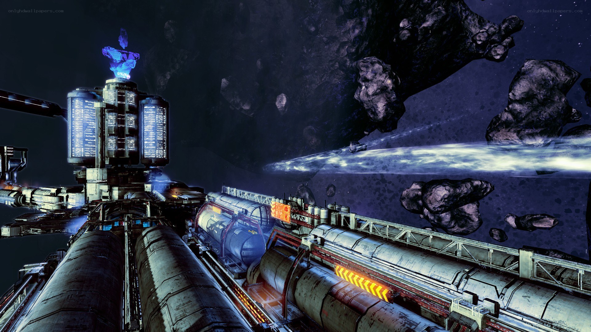 space station in asteroid field
