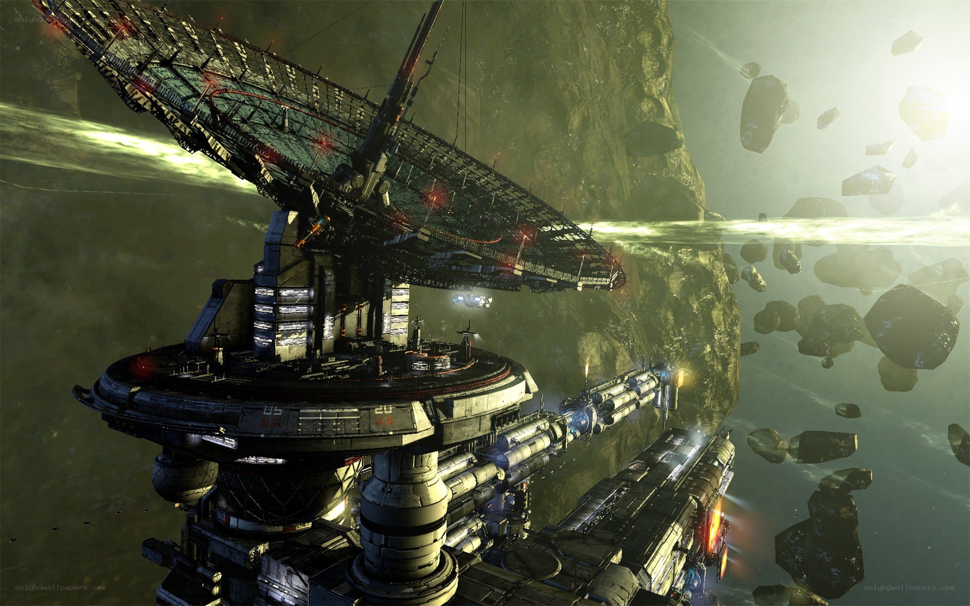 space station in asteroid field