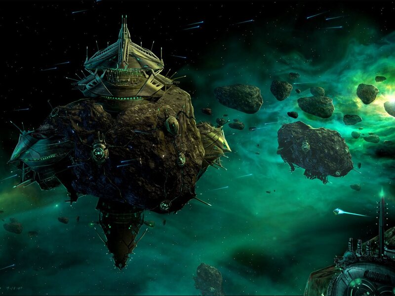 Space station in asteroid field