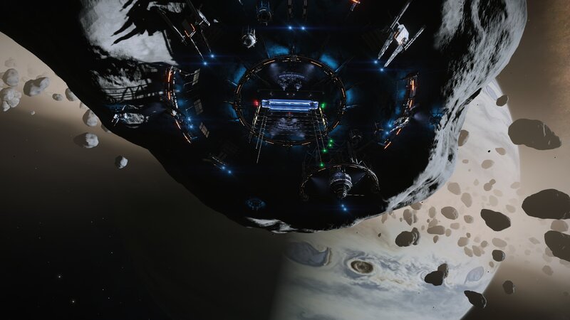 Space Station in Asteroid Field — Black, Dramatic, Night, 3d Render