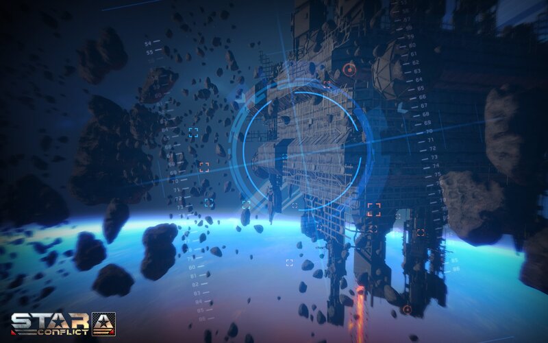Space Station in Asteroid Field — Blue, Dramatic, Digital Art