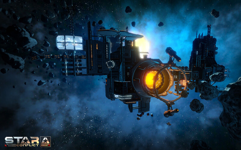Space Station in Asteroid Field — Blue, Dramatic, Night
