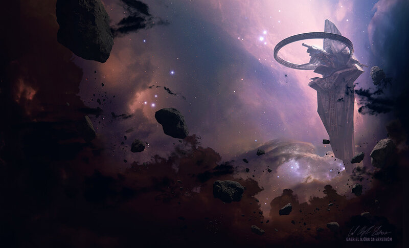Space Station in Asteroid Field — Purple