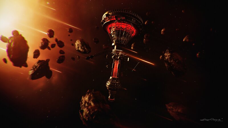 Space Station in Asteroid Field — Red
