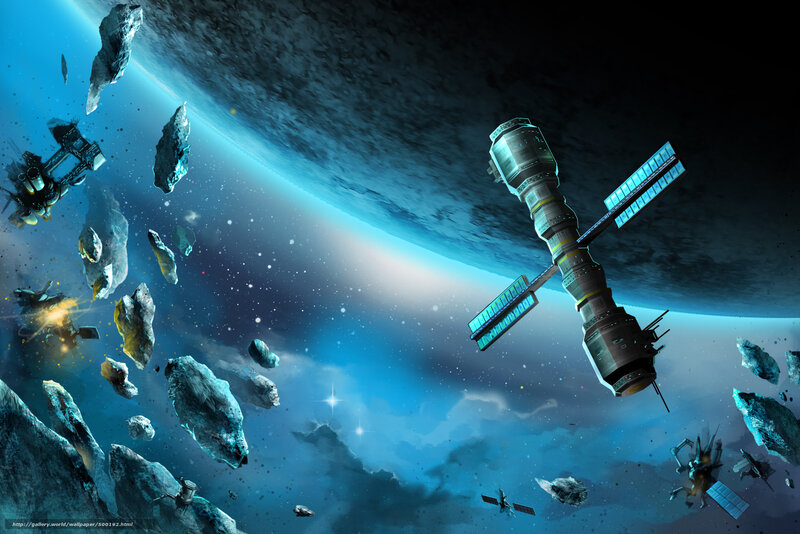 Space station in asteroid field