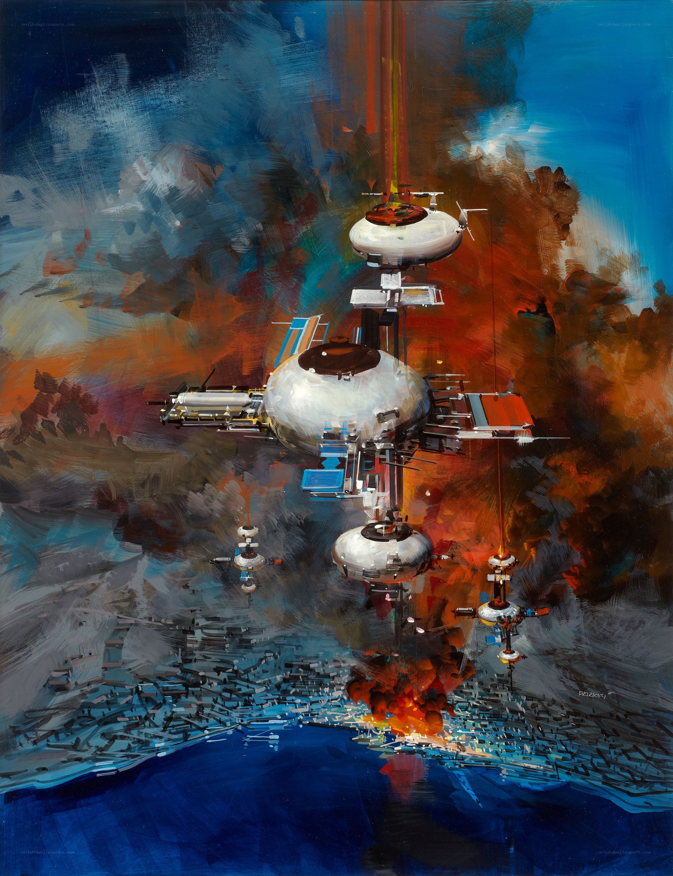 Space station in fiery atmosphere