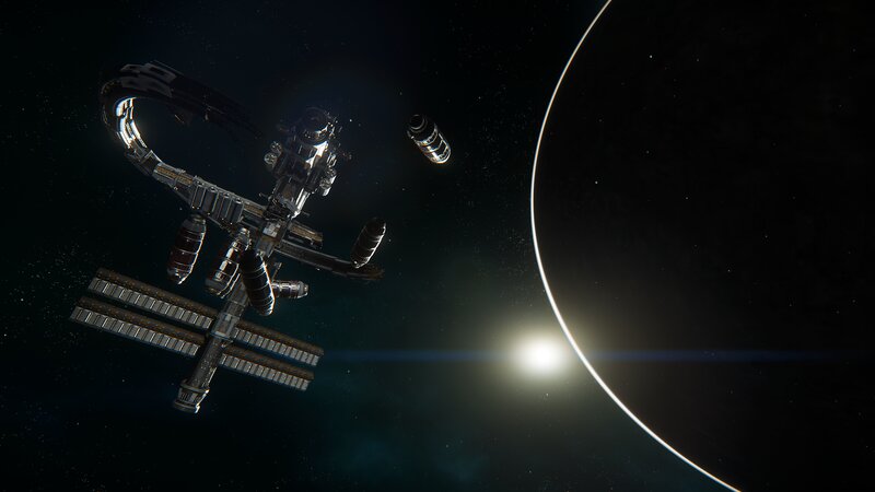Space Station in Orbit — Black, Dramatic, 3d Render, Planet, Sun