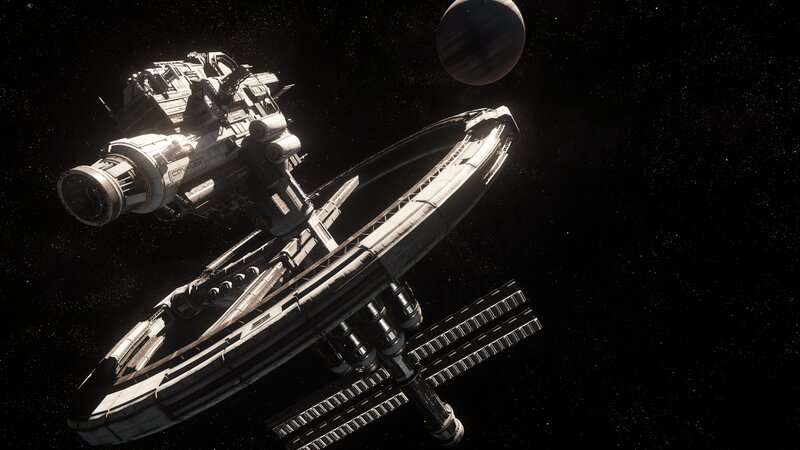 Space Station in Orbit — Black, Dramatic, 3d Render, Planet