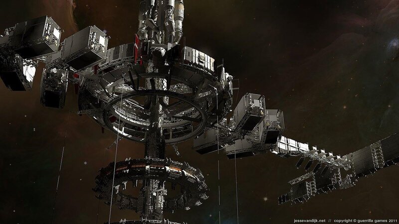Space Station in Orbit — Black, Dramatic, 3d Render, Satellites