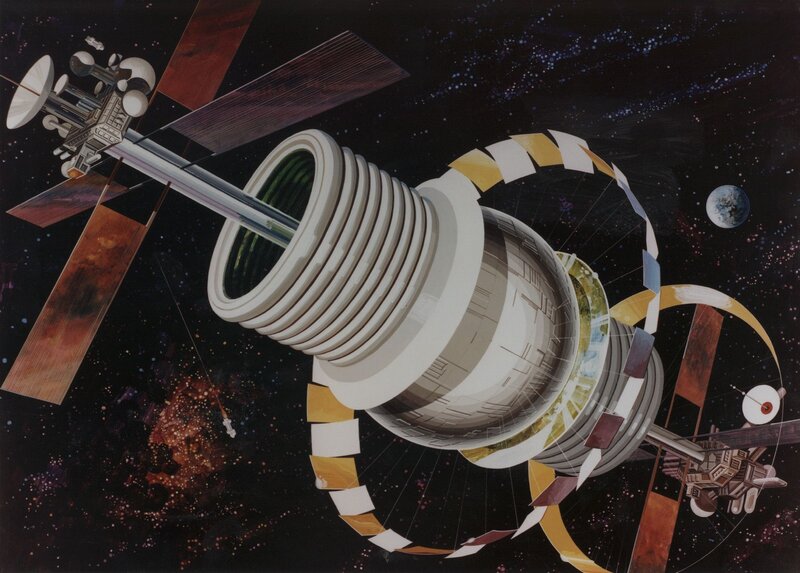 Space Station in Orbit — Black, Dramatic, Illustration, Planet
