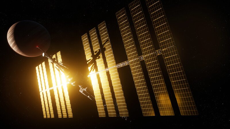 Space Station in Orbit — Black, Dramatic, Night, 3d Render, Planet