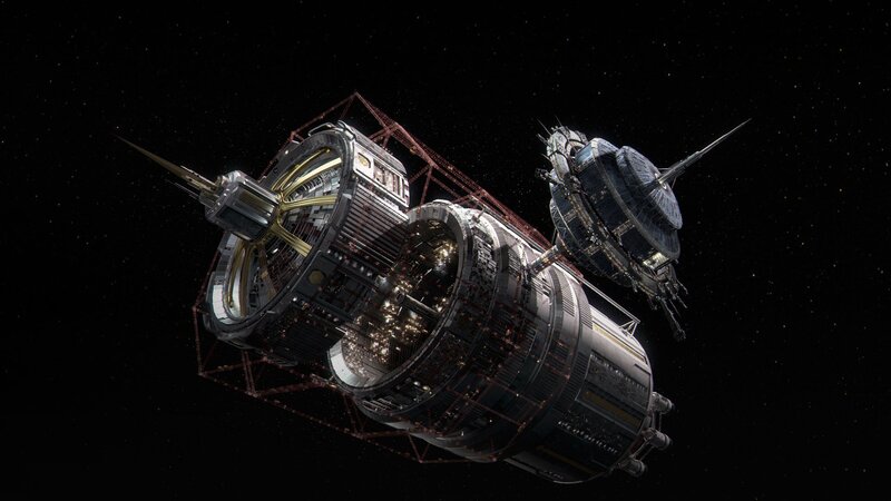 Space Station in Orbit — Black, Dramatic, Night, 3d Render, Stars