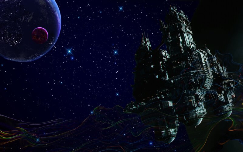 Space Station in Orbit — Black, Dramatic, Night, Digital Art, Planet, Stars