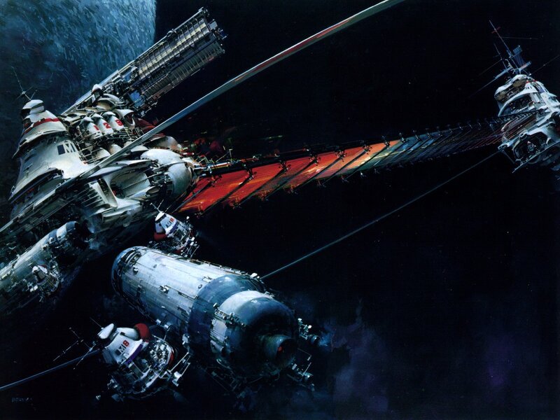 Space Station in Orbit — Black, Dramatic, Night, Illustration