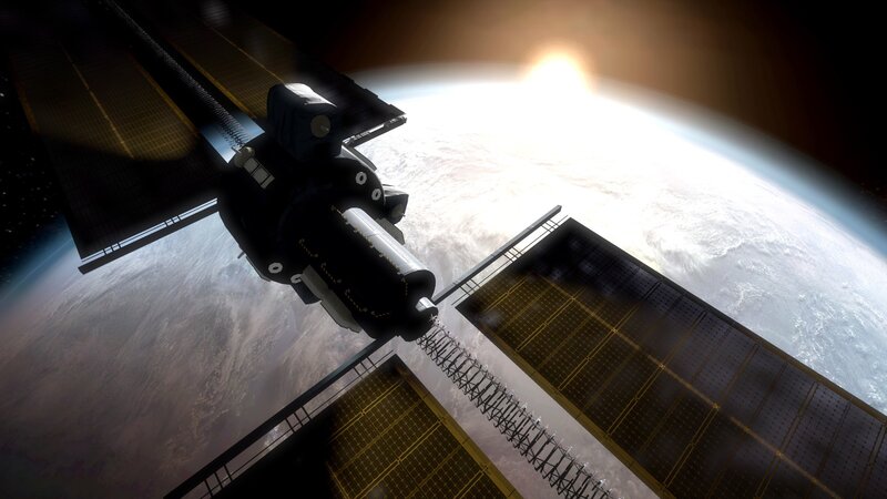 Space Station in Orbit — Black, Dramatic, Sunrise, 3d Render