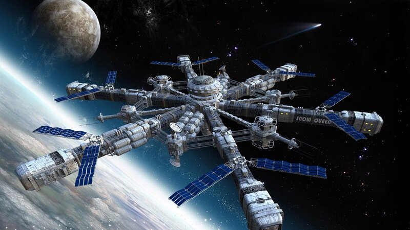 Space Station in Orbit — Blue, Dramatic, 3d Render, Planet