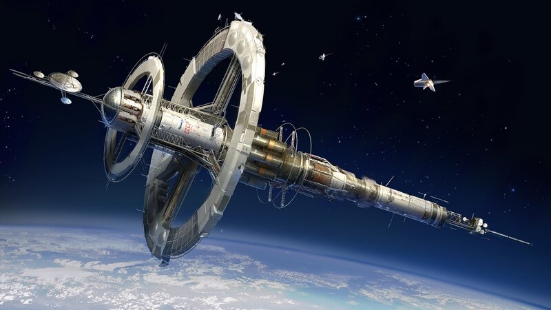 Space Station in Orbit — Blue, Dramatic, Digital Art, Earth, Satellites
