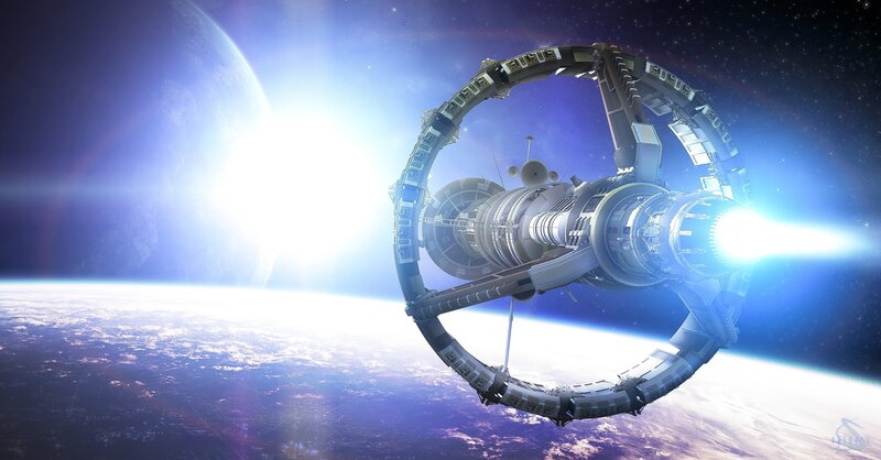 Space Station in Orbit — Blue, Dramatic, Digital Art, Earth, Sun