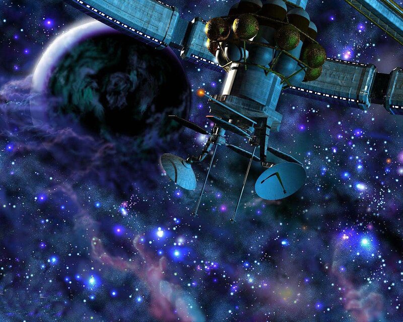 Space Station in Orbit — Blue, Dramatic, Digital Art, Planet, Satellites