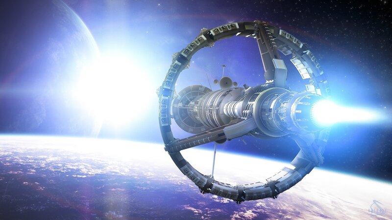 Space Station in Orbit — Blue, Dramatic, Digital Art, Planet, Sun
