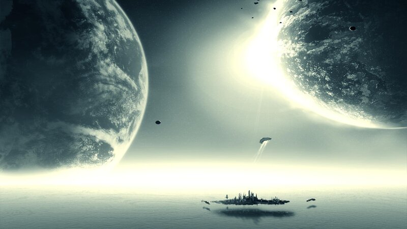 Space Station in Orbit — Gray, Dramatic, Digital Art, Planets