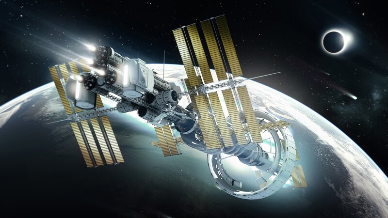 Space Station in Orbit — White, Dramatic, 3d Render, Earth