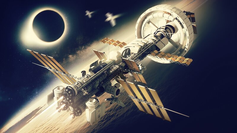 Space Station in Orbit — White, Dramatic, Digital Art, Solar Eclipse