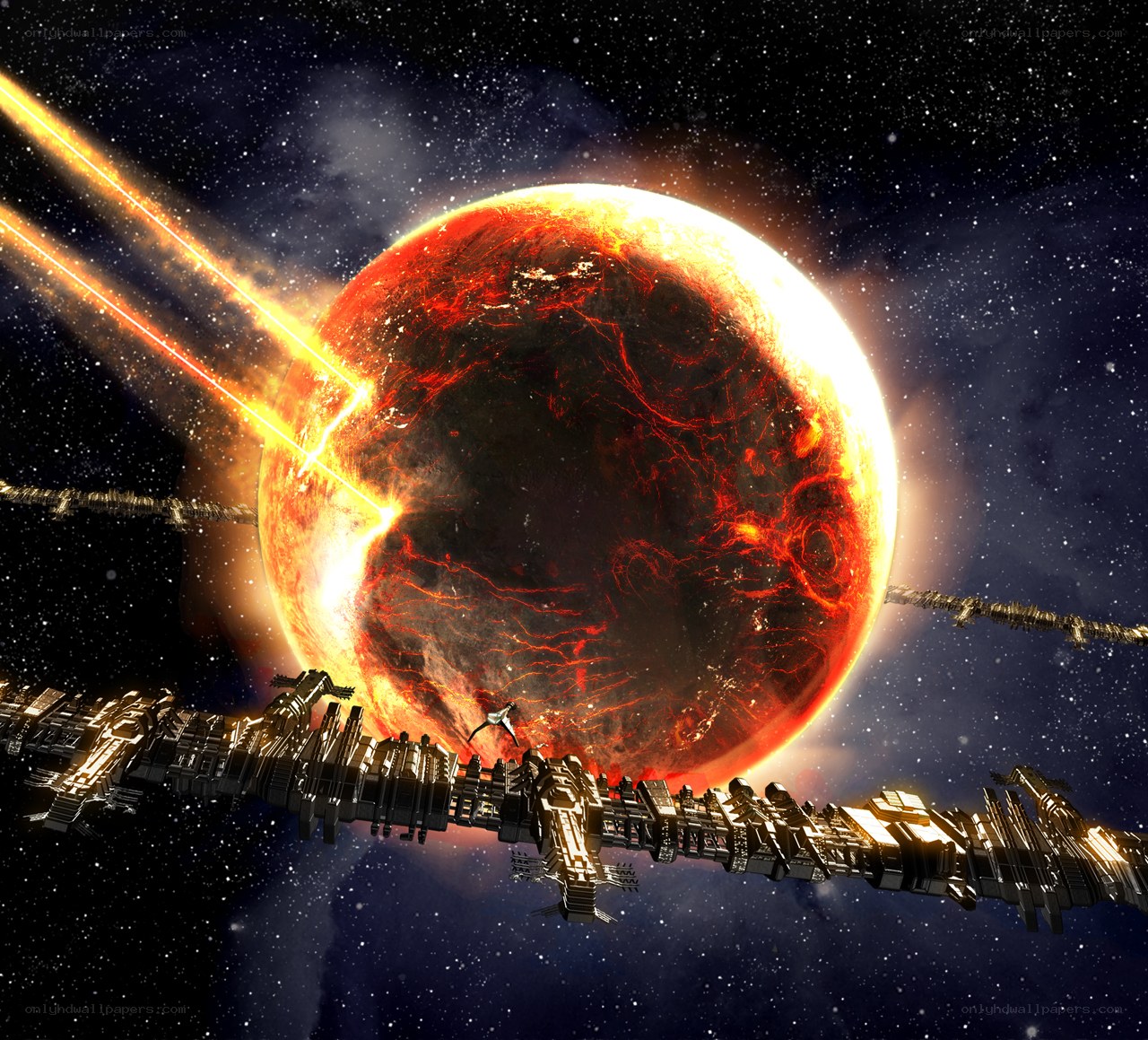Space station near a fiery planet