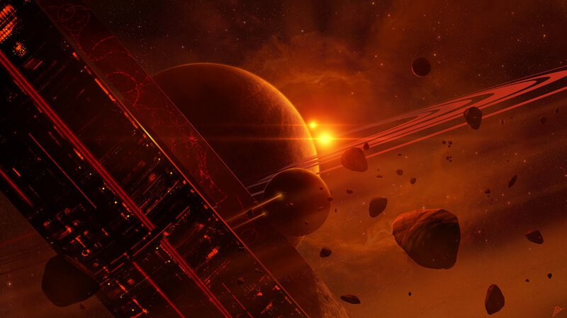 Space Station Near Planet — Red, Dramatic