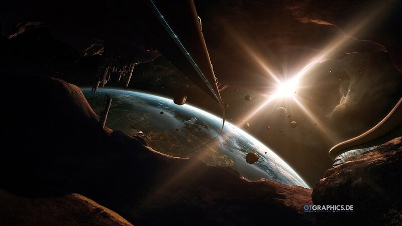 Space station orbiting a planet
