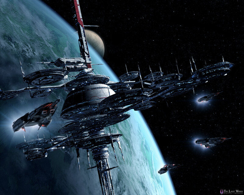 Space station orbiting a planet